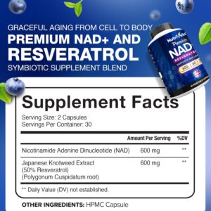 Nutrivein Premium NAD + Resveratrol 600 mg Aging Cognition Metabolism Overall Well-Being 60 Caps - Görsel 5