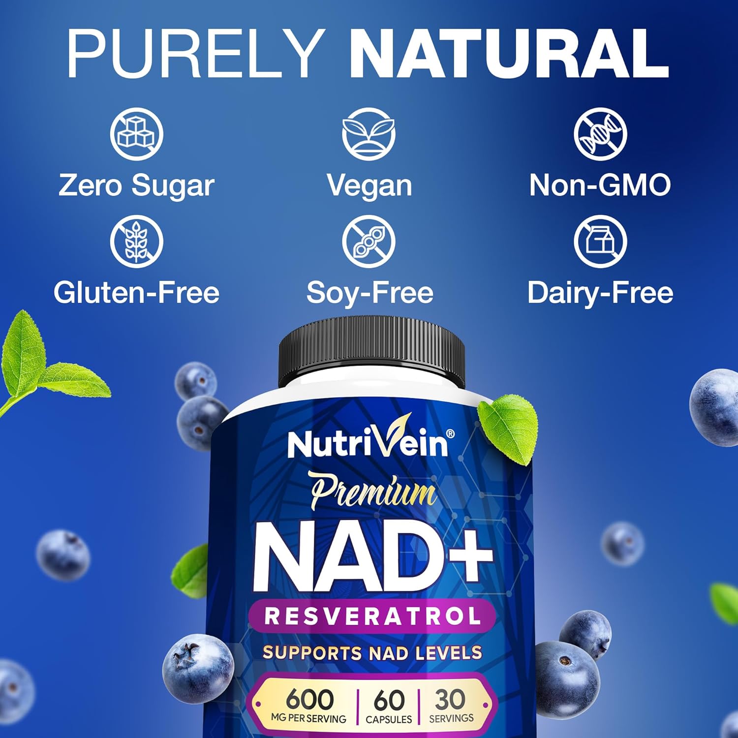 Nutrivein Premium NAD + Resveratrol 600 mg Aging Cognition Metabolism Overall Well-Being 60 Caps
