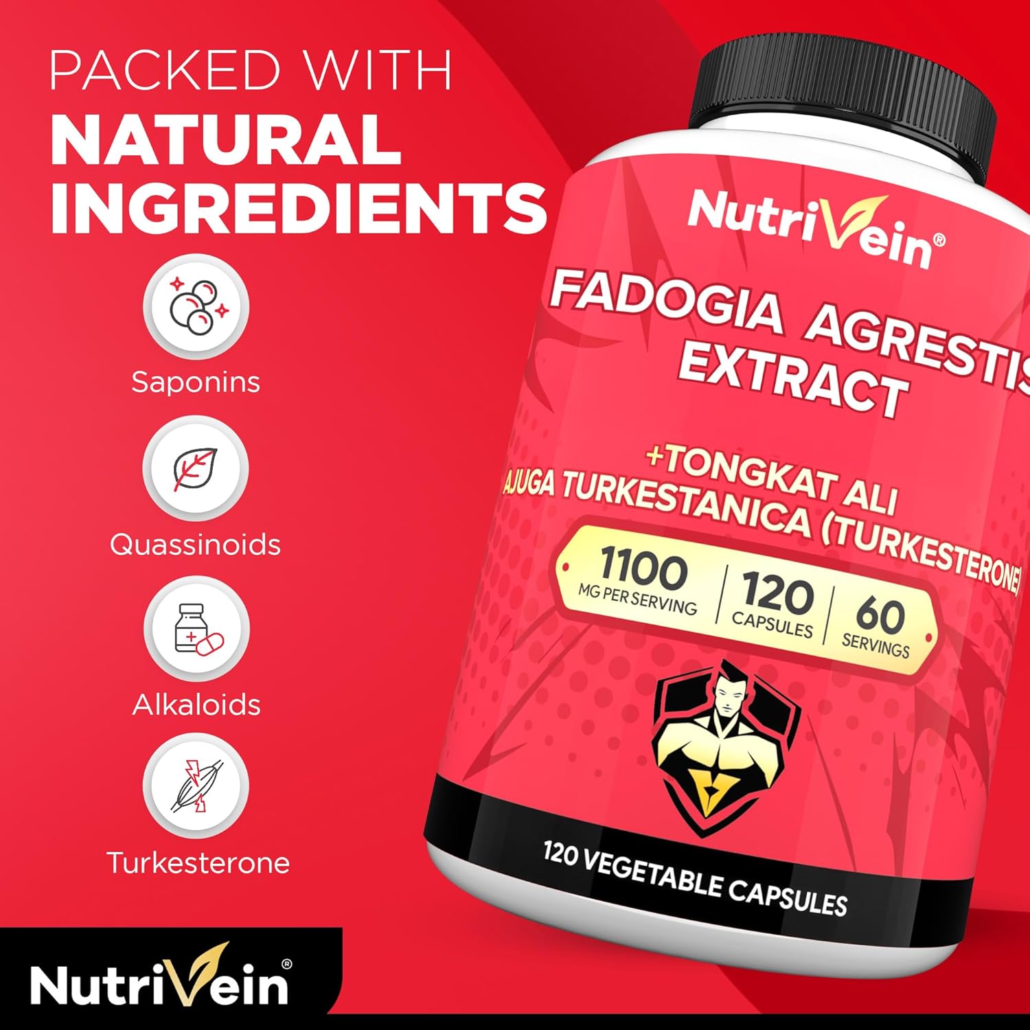 Nutrivein Premium Fadogia Agrestis and Tongkat Ali with Turkesterone – 1100 mg – 120 Caps Strength, & Recovery for Men & Women