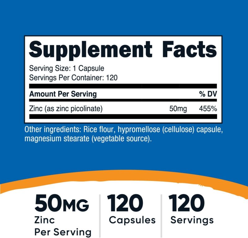 Nutricost Zinc Picolinate 50mg 120 Vegetarian Caps - Görsel 3