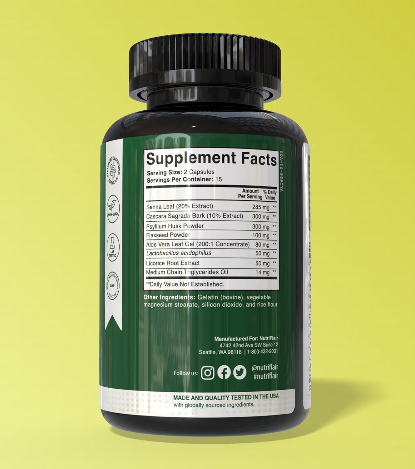 NutriFlair Colon Cleanse 15 Day Gut Detox Cascara Sagrada Senna Leaf Psyllium Husk & Probiotics Lactobacillus – 30 Caps - Görsel 2