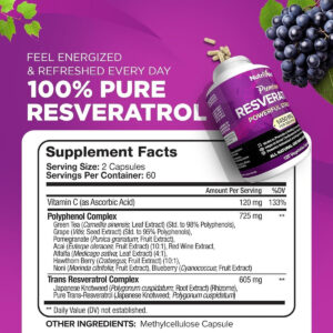 Nutrivein Resveratrol with Green Tea Leaf & Acai Berry-Aging, Defenses, Brain, and Joint Support 120 - Görsel 2