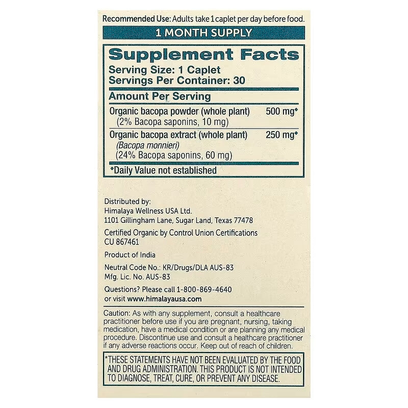 Himalaya Organic Bacopa monnieri Mental Alertness 30 Caplets - Görsel 2