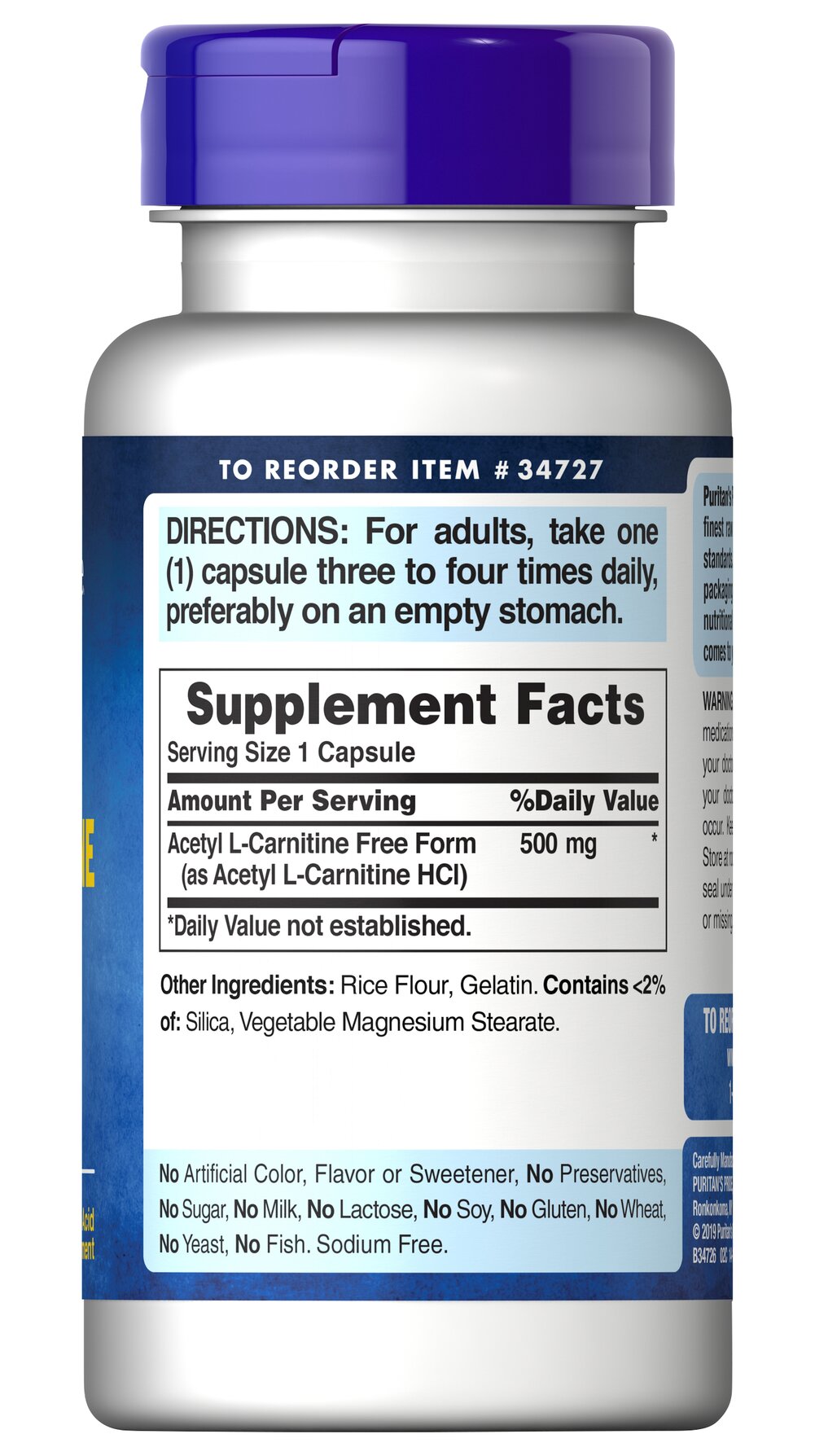 Puritan's Pride Acetyl L-Carnitine Hcl 500 mg 60 Caps - Görsel 2