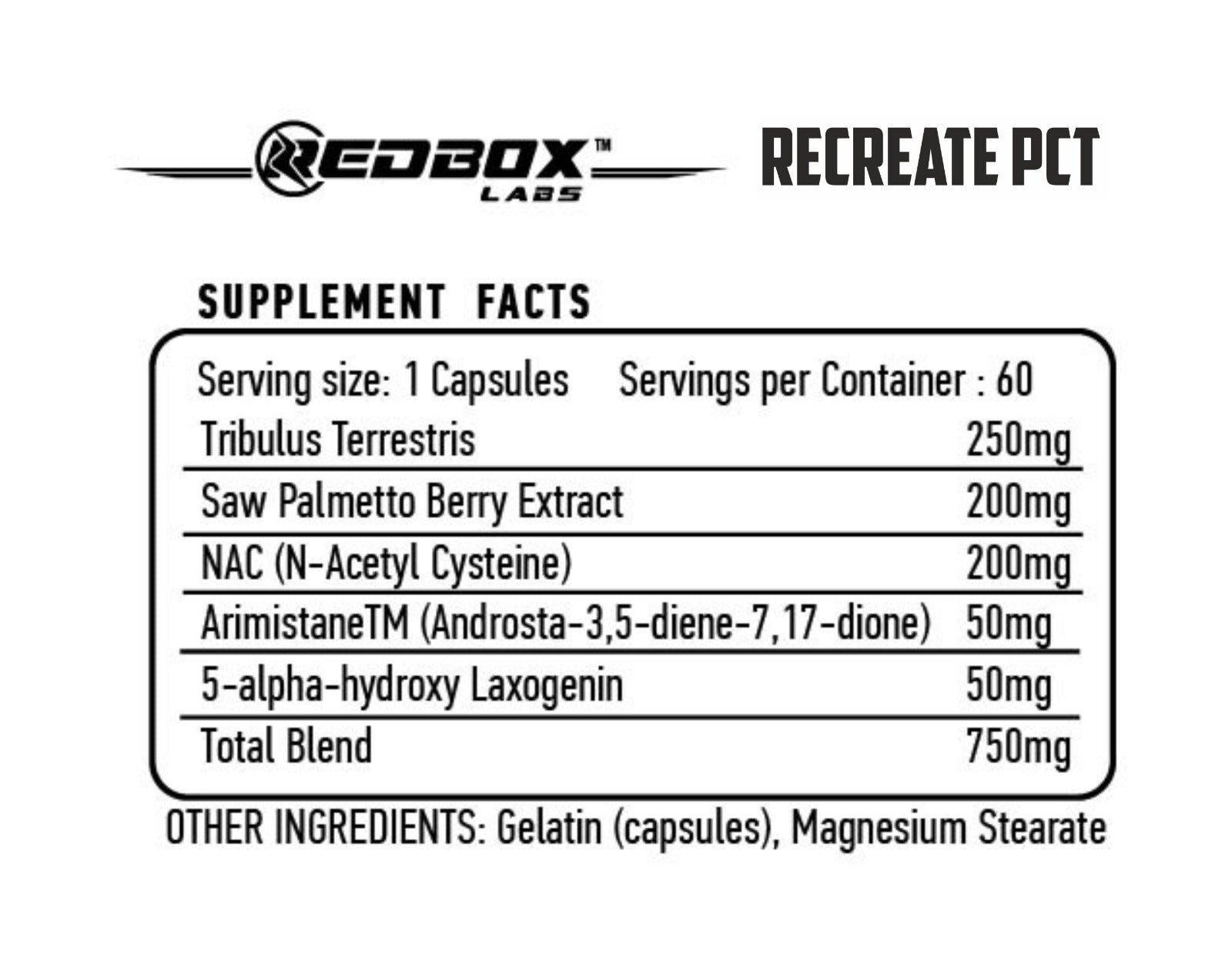 Red Box Labs Recreate PCT post cycle therapy Saw palmetto Nac Arimistane 60 Caps - Görsel 3