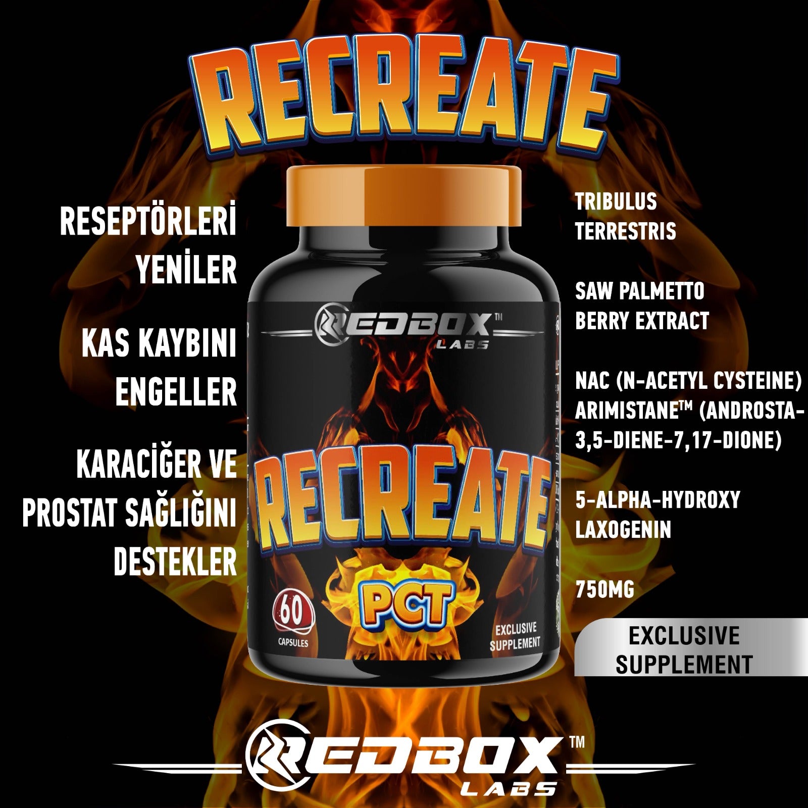 Red Box Labs Recreate PCT post cycle therapy Saw palmetto Nac Arimistane 60 Caps