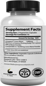 Research Labs Organic Lions Mane Immune System Booster & Nootropic Brain Support Mushroom 120 Caps - Görsel 4