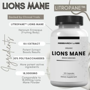 Research Labs Organic Lions Mane Immune System Booster & Nootropic Brain Support Mushroom 120 Caps