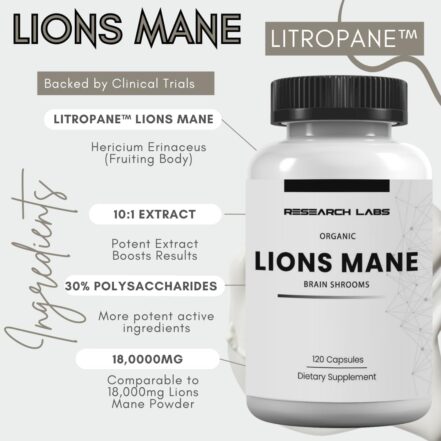 Research Labs Organic Lions Mane Immune System Booster & Nootropic Brain Support Mushroom 120 Caps