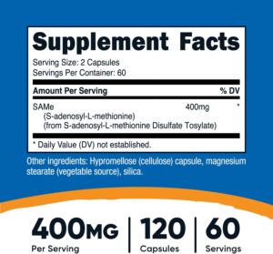 Nutricost SAM-e S-Adenosyl-L-Methionine Brain & Cognitive Bone Joint & Cartilage 400mg 120 Caps - Görsel 2