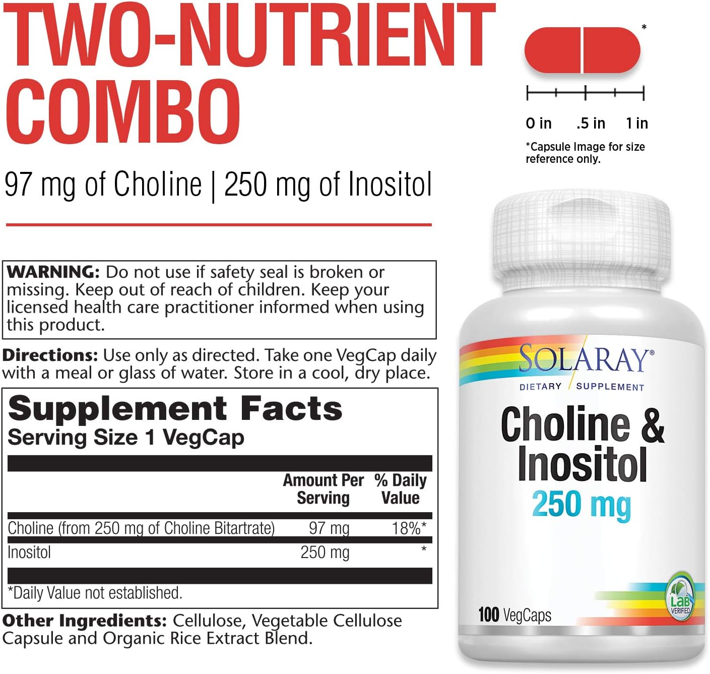 SOLARAY Choline & Inositol 250 mg Healthy Fat Metabolism, Brain Support 100 VegCaps - Görsel 2