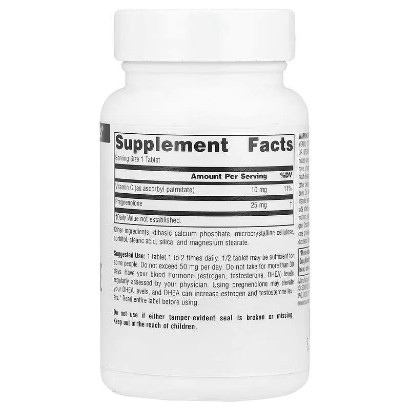 Source Naturals Pregnenolone & Vitamin C Brain & Cognitive 25 mg, 60 Tablets