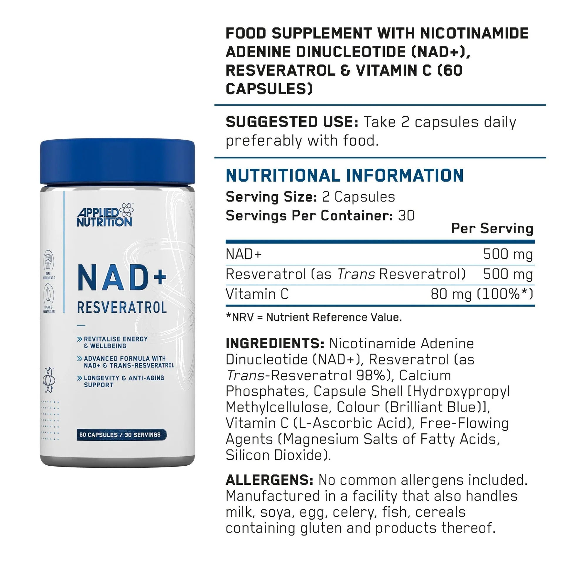 Applied Nutrition NAD+ Trans-Resveratrol Cellular Energy Antioxidant Support & Daily Wellness Formula 60 Caps - Görsel 3