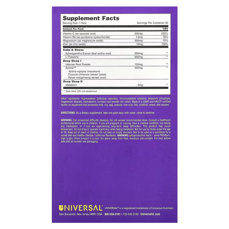 Universal U De-Stress & Sleep Multivitamin Ashwagandha & Theanine & Valerian Root & Melatonin 30 Pill Packs - Görsel 5