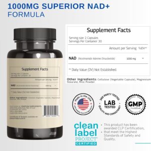 VINATURA NAD Nicotinamide Adenine Dinucleotide 1000mg – Pure Nad for Anti-Aging 60 Caps
