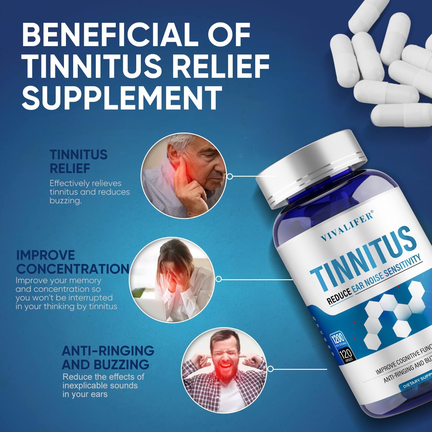 VIVALIFER Tinnitus Relief for Ringing Ears Cognitive 1200MG 120 Caps - Görsel 4