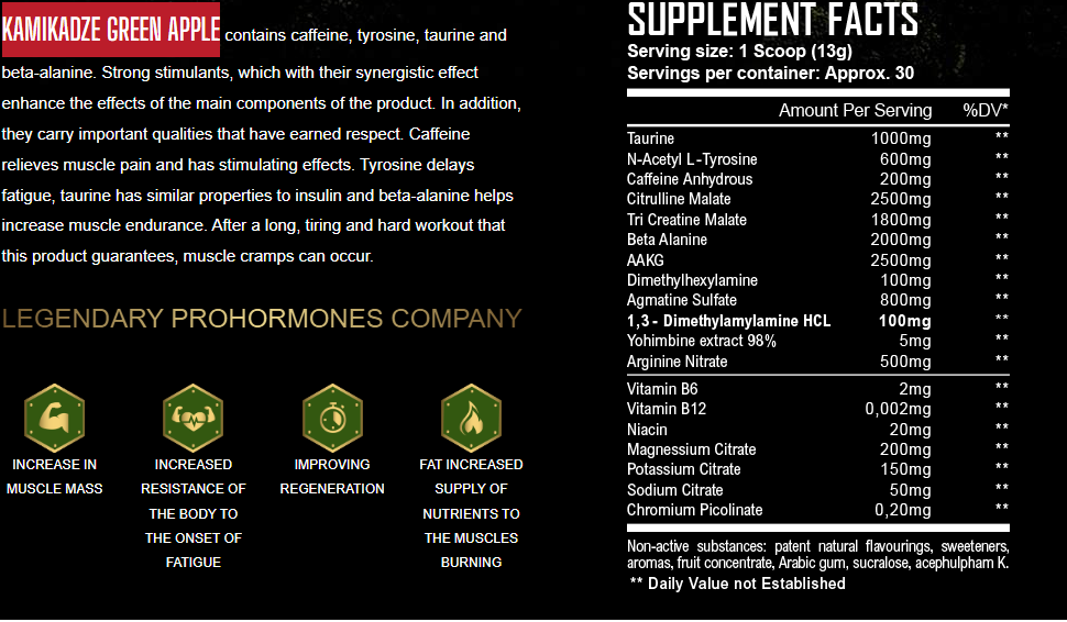 Warrior Labz KAMIKADZE DMHA-DMAA PREWORKOUT GREEN APPLE - Görsel 2